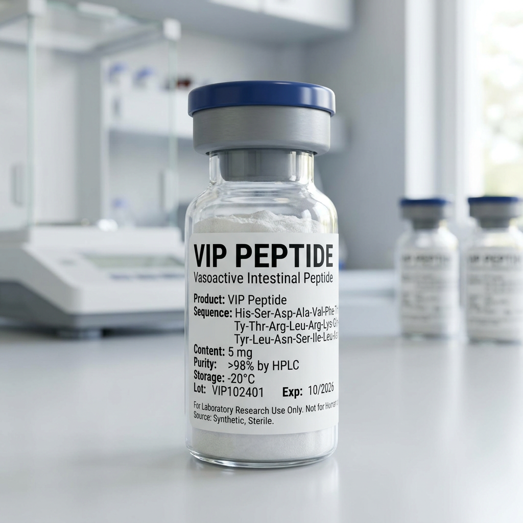 VIP PEPTIDE vial labeled Vasoactive Intestinal Peptide, 5 mg, >98% purity, storage -20°C, lot VIP102401, expiration 10/2026
